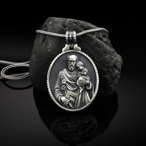 Silver Saint Joseph Necklace, Saint Joseph Mens Pendant, Christian Saint Joseph Medallion, Silver Christian Jewelry, Religious Mens Gift