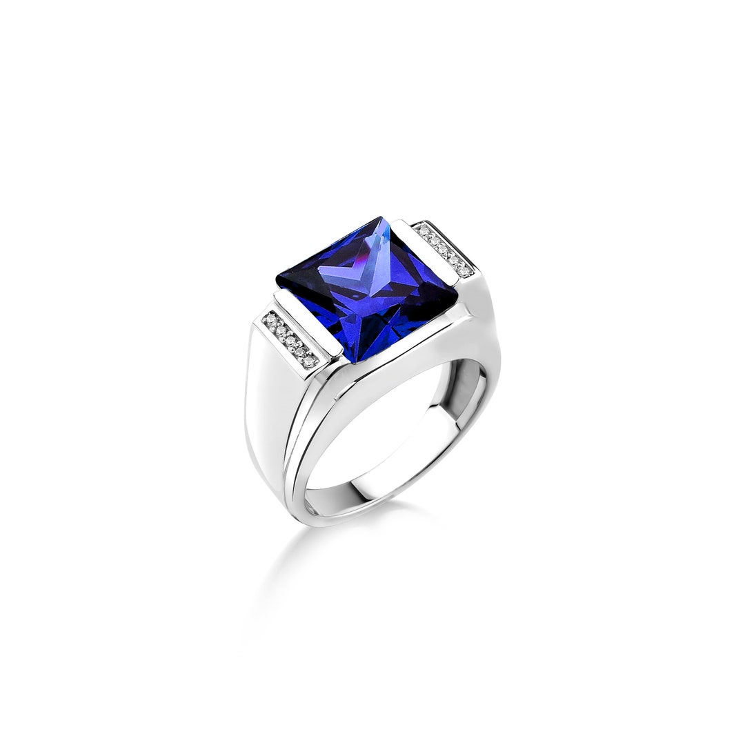 Square Cut Sapphire Stone Ring for Men in Silver, Blue Sapphire