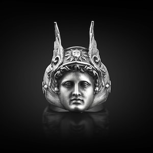 Hermes with Wing and Caduceus Ring, Unique Fantasy Mens Ring in Oxidized Silver, Ancient Greek Mythology Ring For Men, Extraordinary Ring