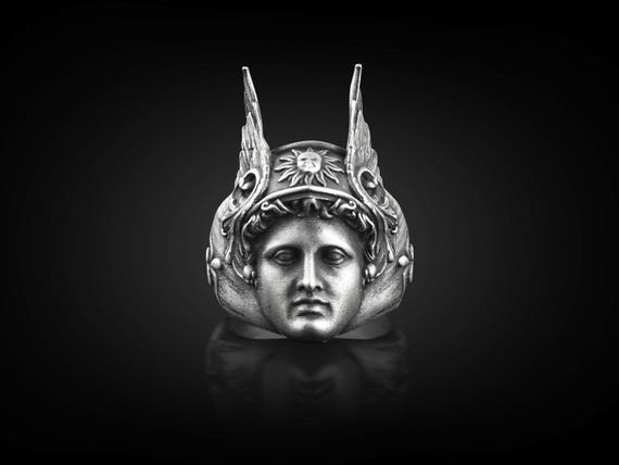 Hermes with Wing and Caduceus Ring, Unique Fantasy Mens Ring in Oxidized Silver, Ancient Greek Mythology Ring For Men, Extraordinary Ring