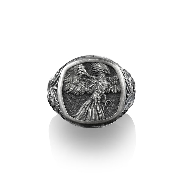 Anillo de sello cuadrado de Phoenix alado para hombres en plata de ley, anillo de hombre de oro Phoenix, anillos rosados para mujeres, regalo amante de la mitología, regalo pequeño