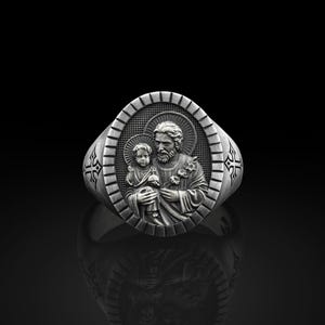 Handmade Saint Joseph Signet Ring for Men , Christian Saint Ring in Sterling Silver, Religious Family Ring, Christian Men Gift, Gift For Men