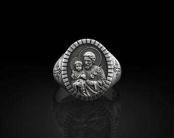 Anillo de sello de San José hecho a mano para hombres, anillo de santo cristiano en plata de ley, anillo familiar religioso, regalo de hombres cristianos, regalo para hombres