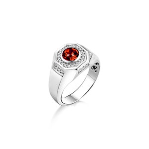 Octagon signet ring with red ruby and pave zircon, Sterling silver statement ring for men, Unique ruby mens fashion ring, gemstone men rings