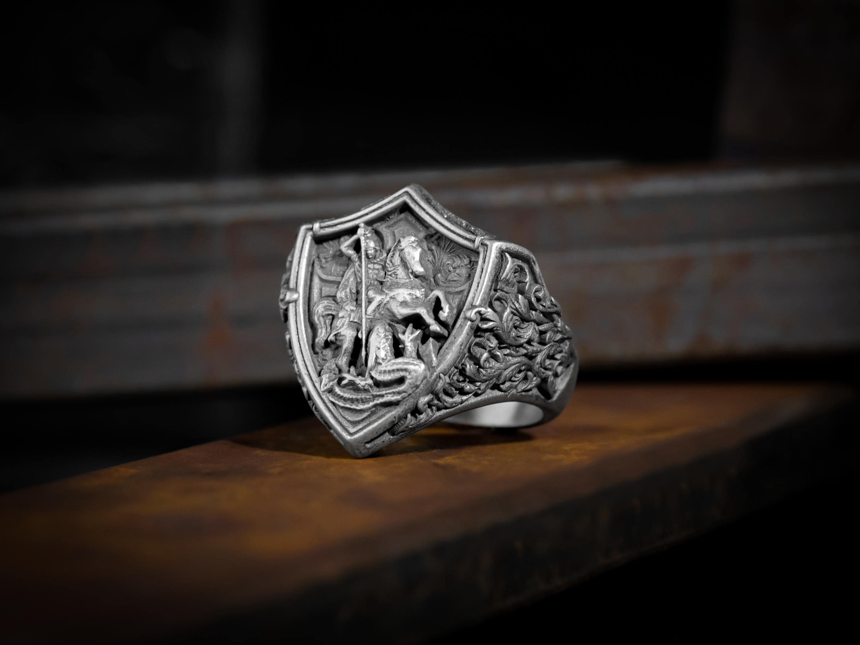 Saint George Victorious and Dragonmens Silver Men Ring, Shield