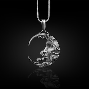 The Ancient God is Looking From Lunar Celestial Necklace, Crescent Moon Fantasy Necklace For Mama, Oxidized Occult Necklace For Girlfriend