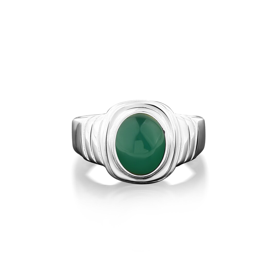 Wedding Men Silver Ring With Oval Green Agate Stone, Green Jade ...