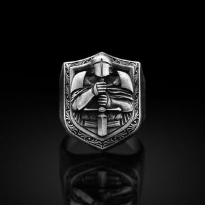 Crusader Knight Handmade Silver Men Signet Ring, Christian Medieval Templar Sterling Silver Men Jewelry, Silver Biker Ring, Memorial Gift