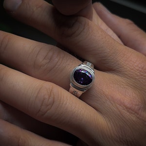 Oval amethyst  mens solitaire ring in sterling silver, Purple amethyst cocktail ring for men, Wedding mens ring with purple amethyst stone