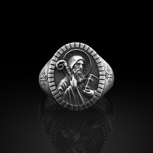 St benedict mens signet ring in silver, Saint benedict handmade oxidized ring for dad, Engraved signet ring for men