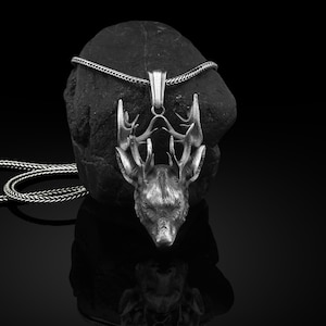 Deer Head Handmade 3D Silver Necklace, Reindeer Silver Men Jewelry, 3D Reindeer Sterling Silver Pendant, 3D Deer Head Gift, Animal Necklace