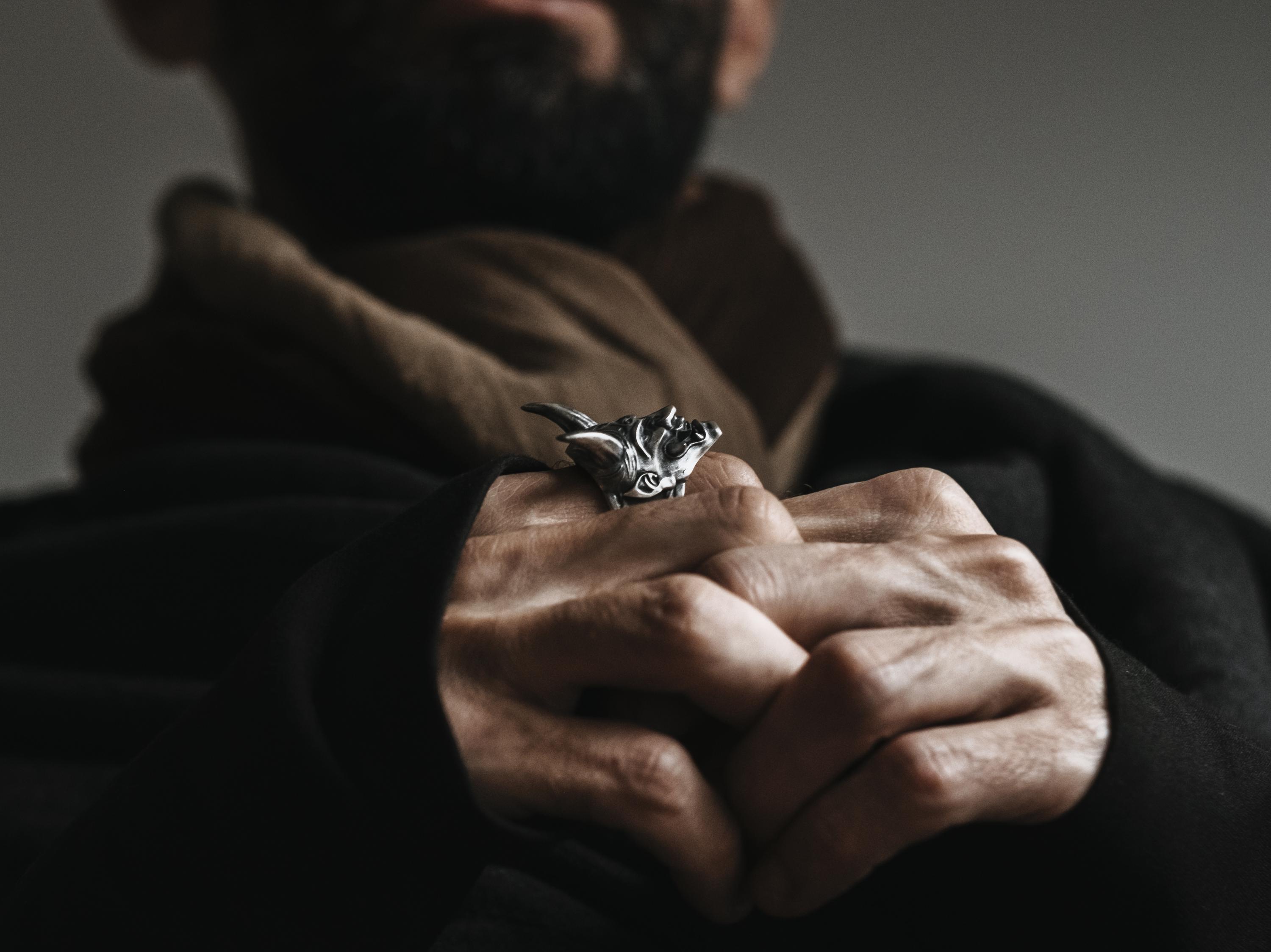 BySilverStone Oxidized Sterling Silver Hannya Men's Ring - Gothic Demon Oni Skull Ring, Handcrafted, Size 5-15 - View #2