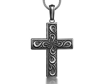 Floral cross necklace in 925 sterling silver, Cross pendant with spiral motifs, Unique Christian necklace for family