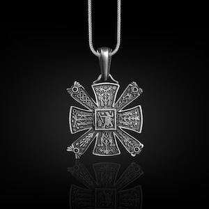 Slavic Cross Necklace with Hieroglyphics, Slavic Symbols on Cross Pendant, Pagan Necklace in Sterling Silver, Occult Necklace For Boyfriend