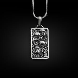 Fish in seaweed engraved sikver men necklace, Sterling silver carp personalized necklace, Pisces zodiac necklace jewelry, Remembrance gift