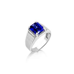 Blue sapphire stone ring for men in sterling silver, Blue gemstone statement ring for men, Rectangle cut sapphire stone ring for men