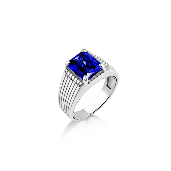 Men's Sterling Silver Ring With Blue Sapphire & White Cubic Zirconia - Fashion Or Pinky Ring