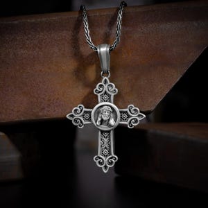 Christ Jesus men necklace with silver cross charm pendant, Sterling silver christian charm gift neckalces, Jesus crucifix cross gifts