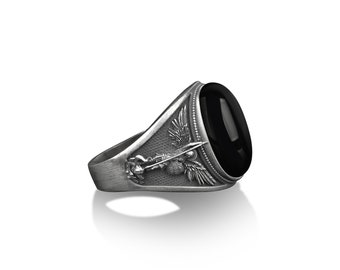 Bague pour hommes en argent Archange Saint Michael, bague pour hommes en onyx noir Archange, chevalière St Michael, St Michael est commandant de l'armée de Dieu