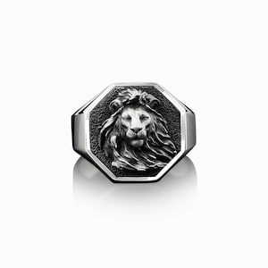 925 Silver Maned Lion Signet Mens Ring, Handmade Silver Lion Man Ring, Polished Lion Ring, Sterling Silver Lion Head Men Ring, Ring For Mens