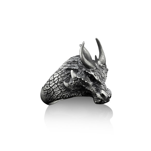 Drachen handgemachter Silberring, 3D Drachenkopf Silber Männer Schmuck, Drachenkopf Sterling Silber Männer Ring, 3D Drachenkopf Geschenk, Mythologie Geschenk