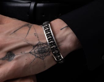Handcrafted Oxidized Silver Biker Skull Cuff Bracelet for Men, Personalized Gothic Gift Jewelry for Boyfriend