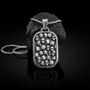 Skull of War Field Necklace for Men in Silver, Skull Yard Hand Cast Silver Pendant, Skull Bones Detailed Silver Necklace, Skull Tag Necklace