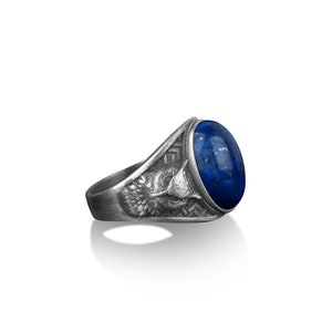 Owl and blue lapis lazuli gemstone ring for men in silver, Unusual animal men ring for her, 925 sterling silver owl blue stone men ring