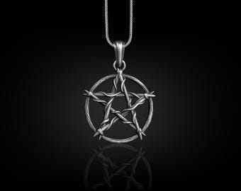 Pentagram wiccan necklace for men in silver, Oxidized pentacle necklace for boyfriend, Satanic necklace for best friend