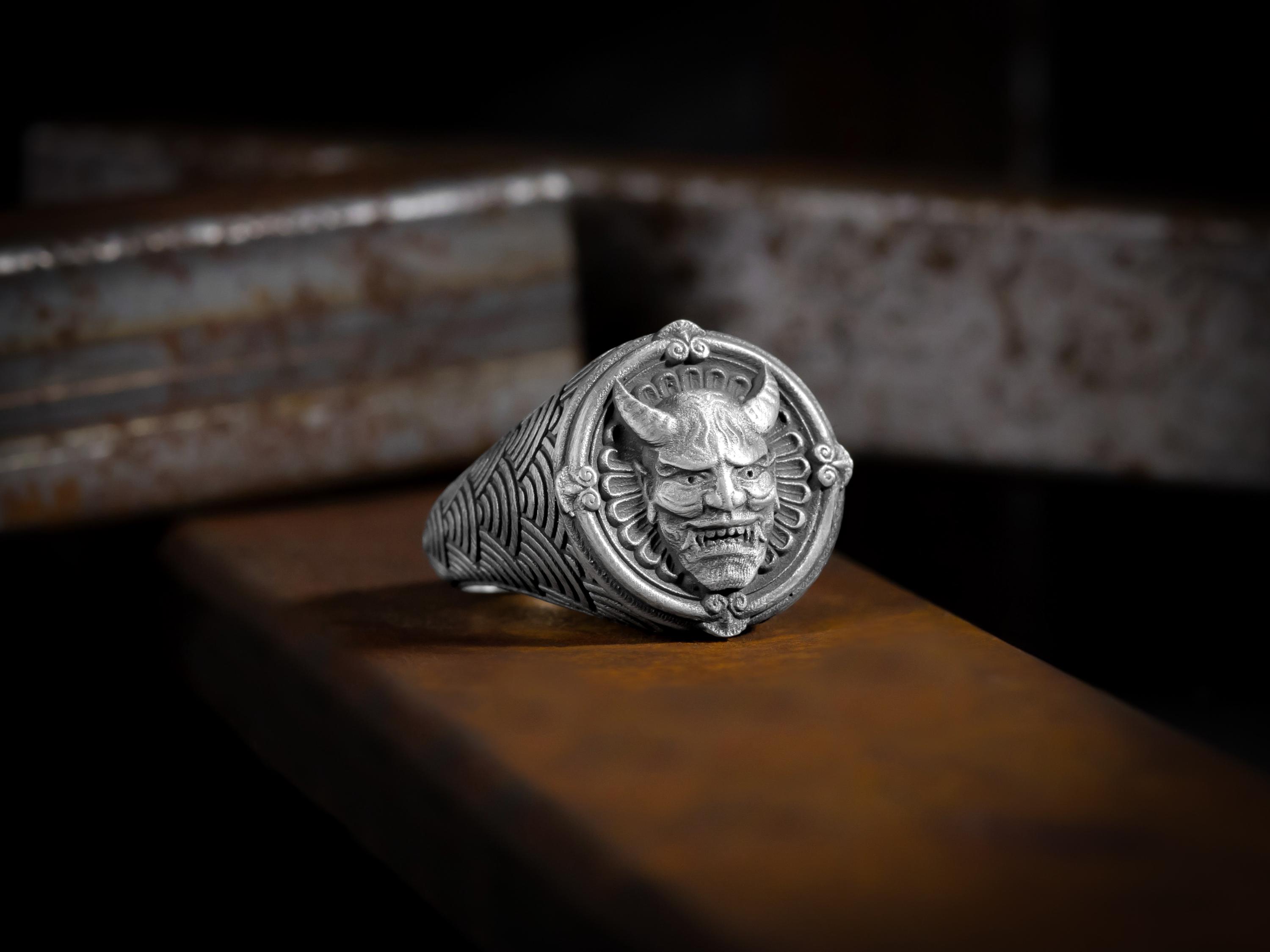 Anneau de cornes de démon féminin d'art japonais de masque pour des hommes, anneaux-cadeau de masque de hannya de démon japonais d'argent sterling, bijoux de mythe d'art japonais
