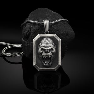 Personalized Gorilla Necklace For Men in Sterling Silver, African Wild Gorilla Men Pendant, Gorilla Head Medallion, Husband Gift Necklace