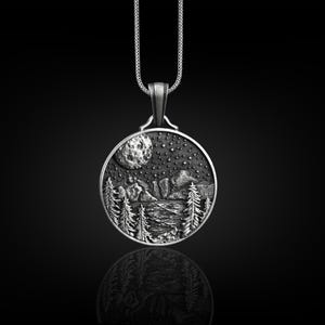 Forest and Mountain Under Full Moon Necklace, Celestial Necklace in Sterling Silver, Oxidized Nature Necklace For Family, Artistic Necklace