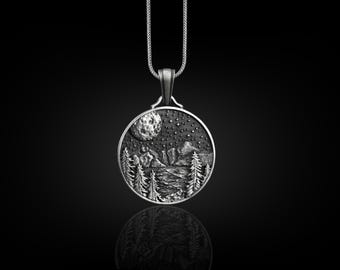 Forest and Mountain Under Full Moon Necklace, Celestial Necklace in Sterling Silver, Oxidized Nature Necklace For Family, Artistic Necklace