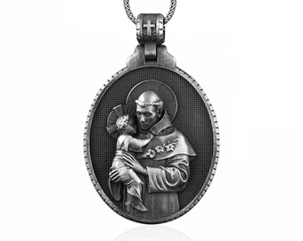 Silver Saint Anthony Necklace, Saint Anthony Mens Pendant, St Anthony Medallion, Religious Silver Charm, Christian Jewelry, Catholic Pendant