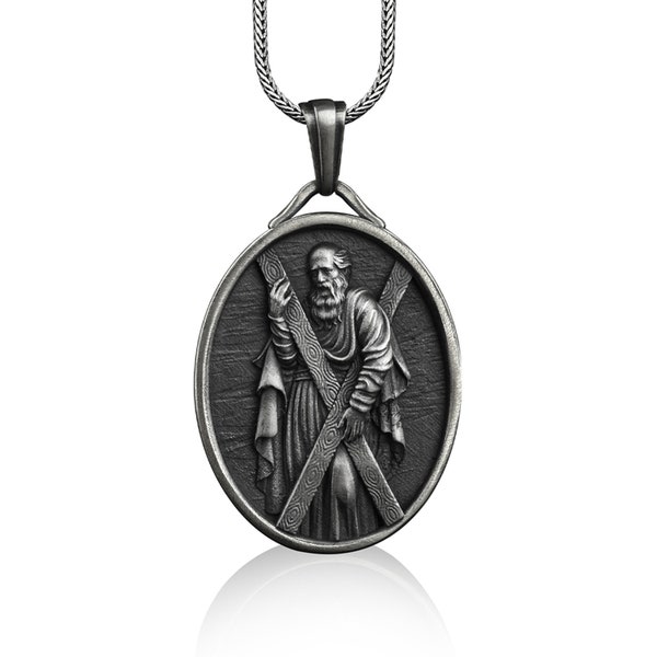 St Andrews Personalisierte Halskette für Männer aus Sterlingsilber, Religiöse Männer Anhänger, Katholische Geschenke, Christliche Halskette, Silber Männer Geschenk