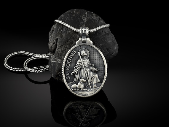 Silver Saint Roch Patron Men Necklace, St Roch Against Plague Medallion, Religious Silver Charm, Christian Saint Mens Jewelry, Saint Pendant