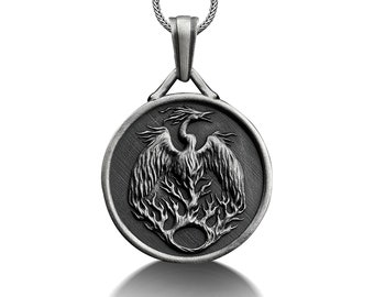 Phoenix FireBird 925 Silver Necklace, Sterling Silver Engraved Necklace, Phoenix Pendant, Personalized Jewelry, Pagan Jewelry, Memorial Gif