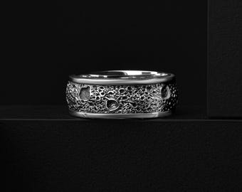 Sterling Silver Moon Surface Engraved Men's Band Ring, Handmade Engagement Personalized Promise Gift Rings
