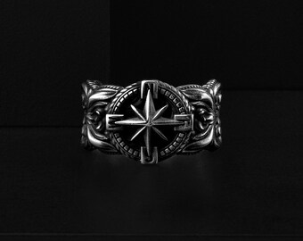 Windrose Star Silver Ring with Compass Nautical Map Pattern, Unique Handmade Sailor North Star Gift Rings