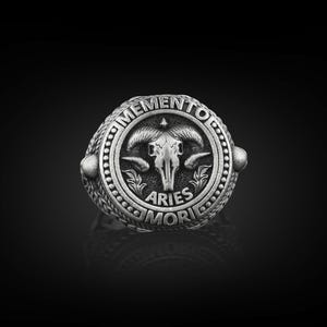 Aries Memento Mori Ring For Men, Ram Skull Gothic Mens Signet Ring in Silver, Zodiac Signet Ring For Boyfriend, Birthday Gift For Him
