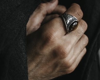 Anillo de sello con cabeza de lobo aullando en plata de ley 925, Anillo de  piedras preciosas de ojo de tigre para hombre, Anillo de lobo salvaje para