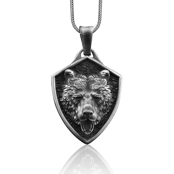 Grizzly Bear Handmade Sterling Silver Men Charm Necklace Nordic