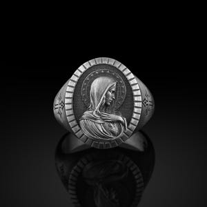 Anillo de la Virgen María con el Sagrado Corazón para hombres de plata en plata de ley, anillo de regalo de los hombres del Sagrado Corazón, joyería religiosa, regalo de la familia cristiana