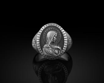 Virgin Mary With Sacred Heart Ring For Mens Silver in Sterling Silver, Sacred Heart Men Gift Ring, Religious Jewelry, Christian Family Gift