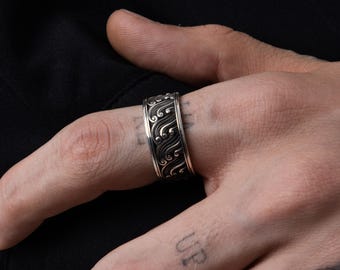 Silver the Great Wave of Kanagawa Band Ring, Handmade Japanese Art Men's Wedding Personalized Gift Jewelry