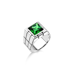 Emerald stone signet for men in 925 silver, Unique mens emerald ring for everyday use, Emerald statement gift ring for men