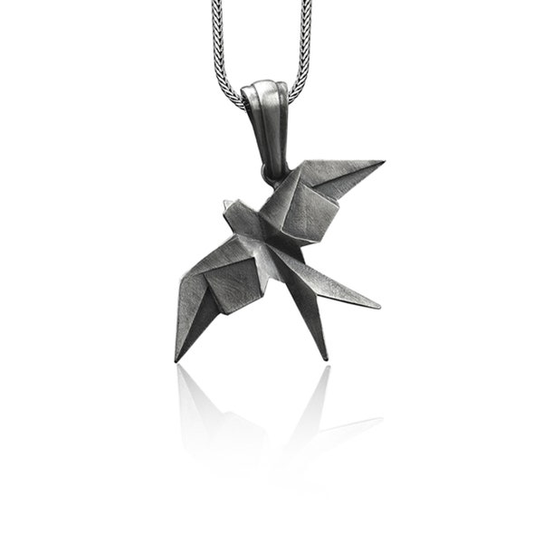 Hirondelle collier géométrique en argent 925, bijoux oiseau en argent sterling, collier origami, collier animal, porte-bonheur, cadeau commémoratif