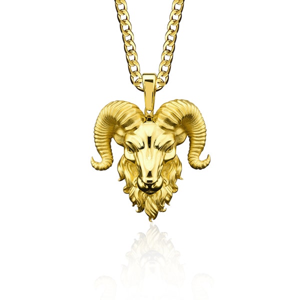 Solid Gold Aries Ram Head Mens Necklace, 18K Gold Personalized Animal Gold Necklaces, 14K Aries Large Necklace, 10K Animal Gold Gift Jewelry