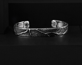 Kintsugi Japan Art Oriental Style Solid Silver Men's Cuff Bracelet, Handmade Unique Best Gift Jewelry for Groom