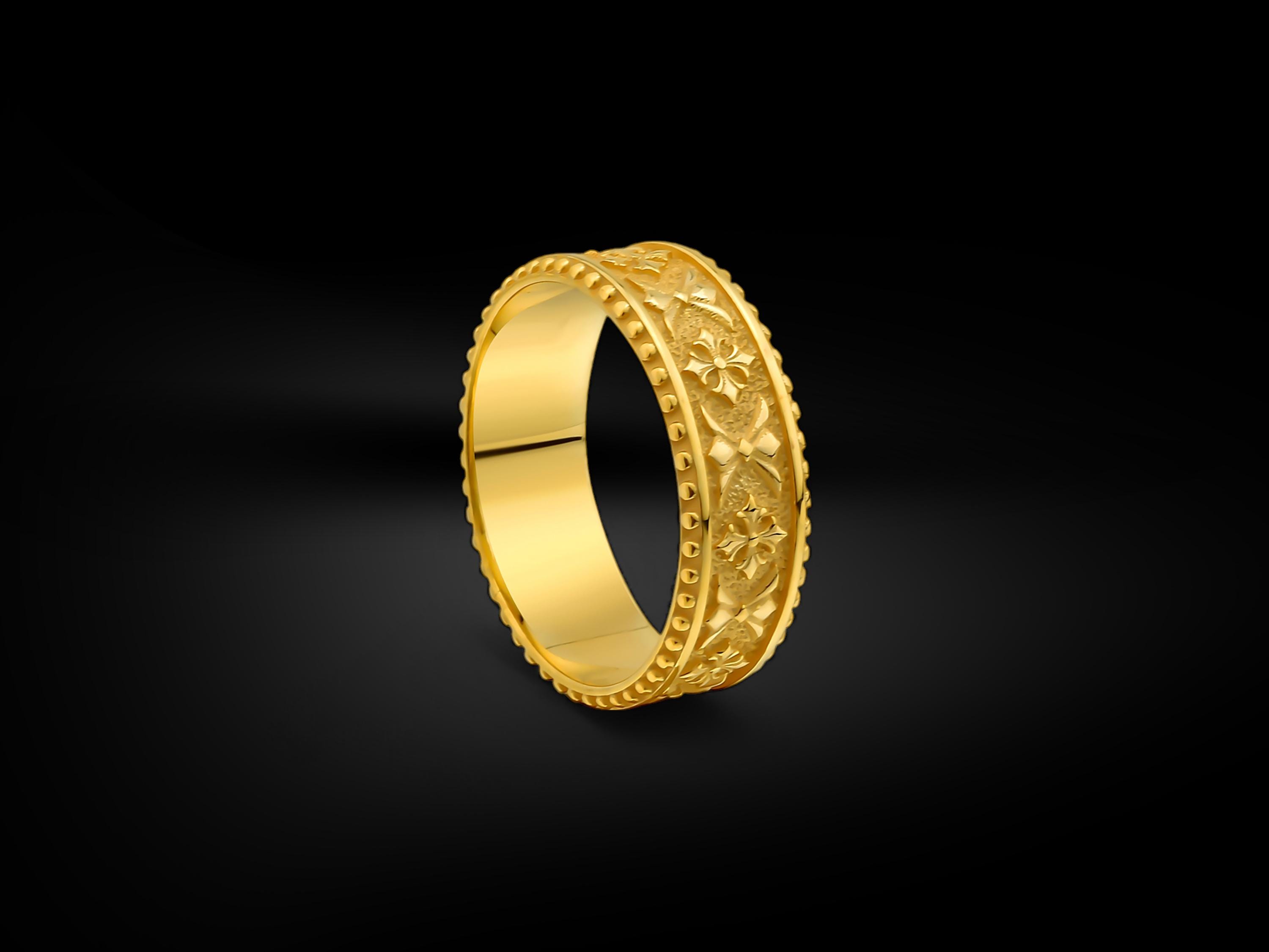 14k Men Band Rings, 18k Gold Crusaders Cross Mens Wedding Band
